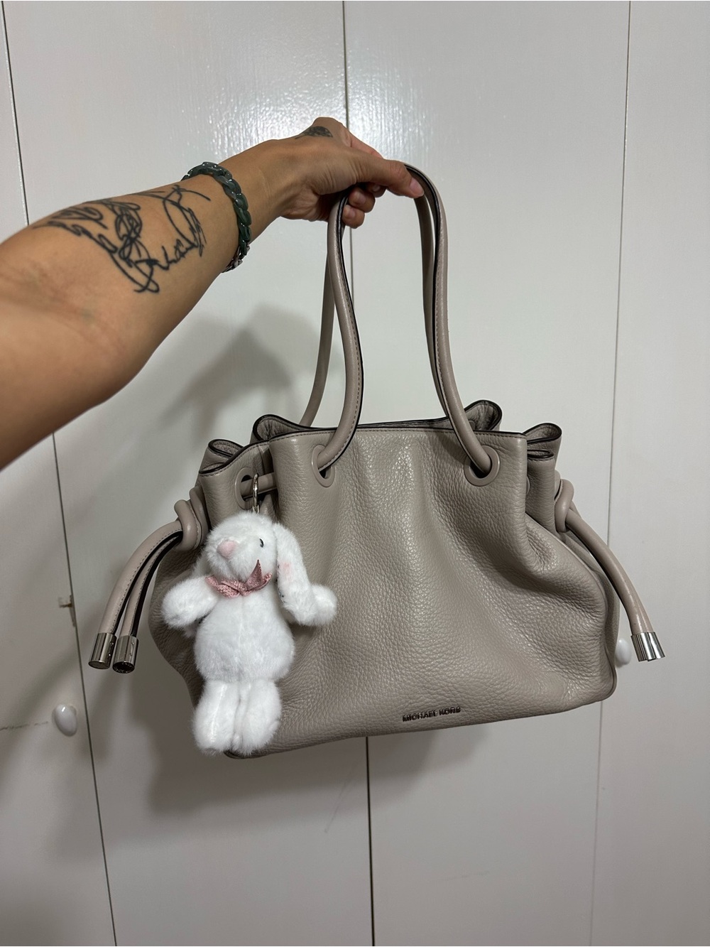 Michael Kors Pebbled Dove Grey Large Leather Drawstring Tote